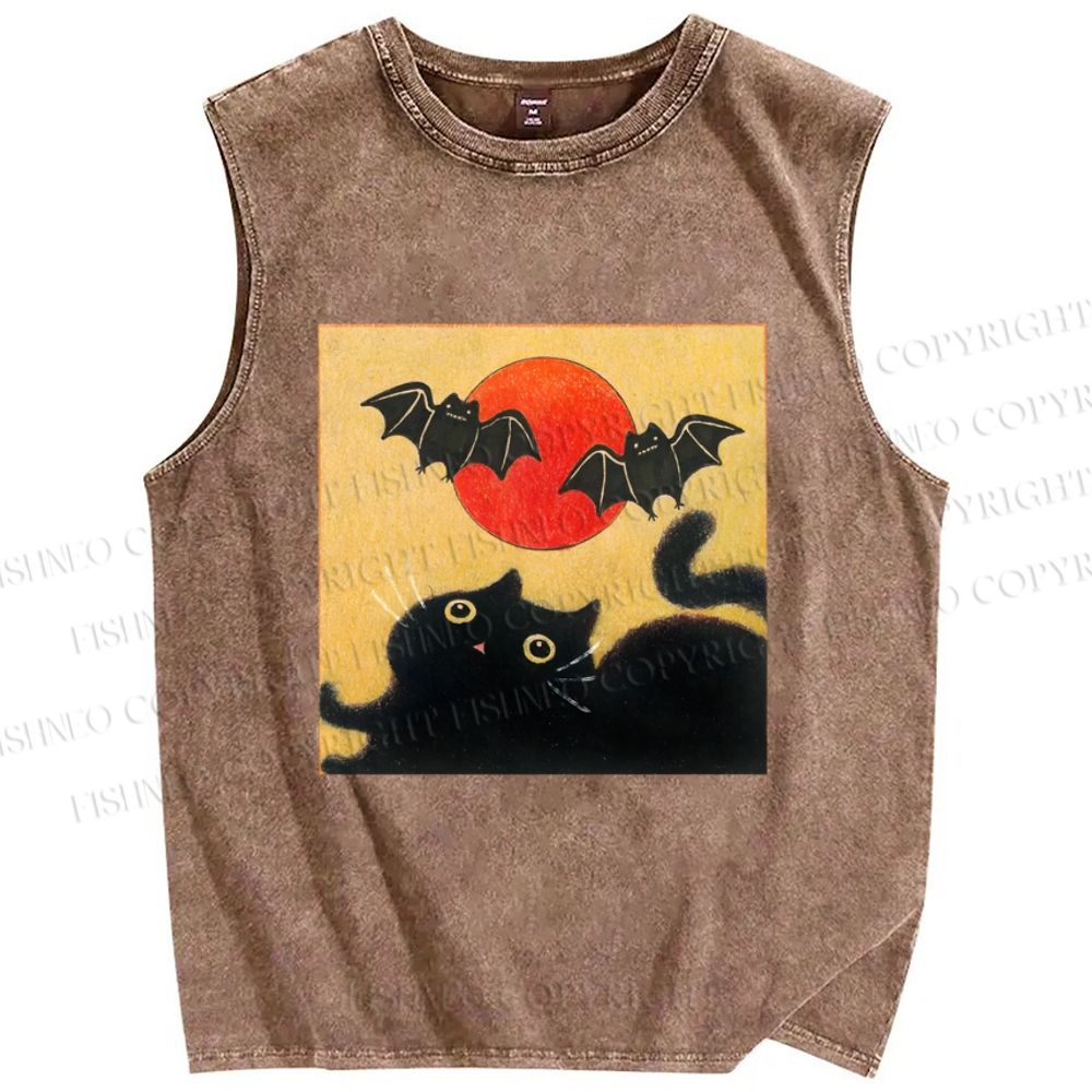 Unisex Halloween Cat Printed Washed Tank Top