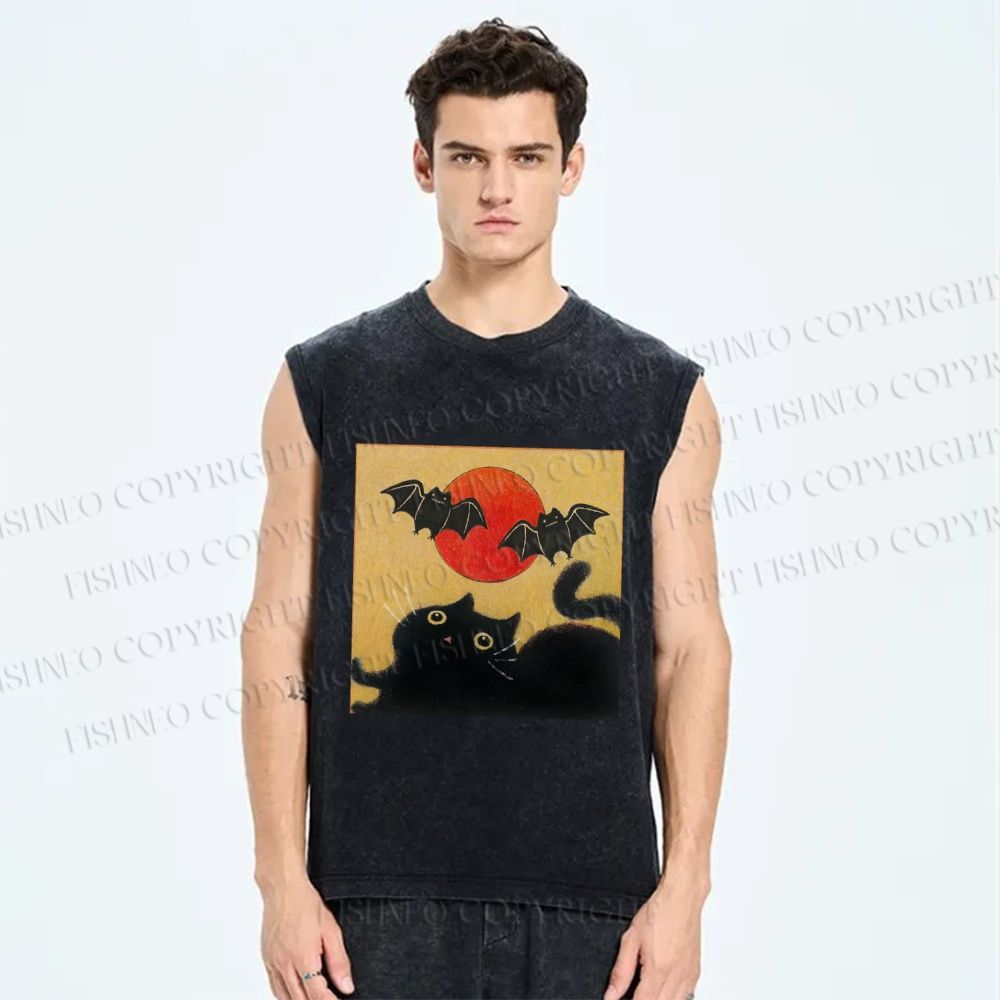 Unisex Halloween Cat Printed Washed Tank Top