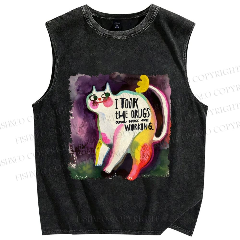 Unisex Watercolor Cat Printed Washed Tank Top