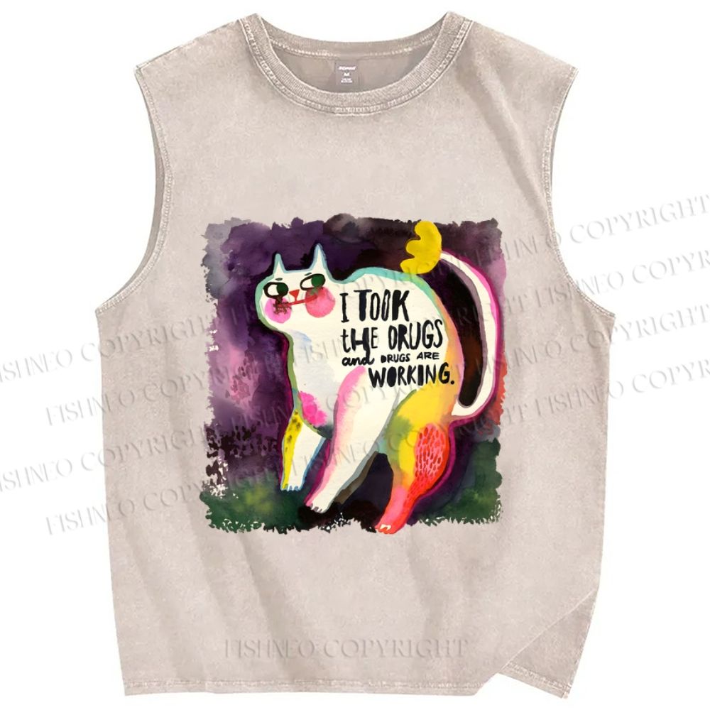 Unisex Watercolor Cat Printed Washed Tank Top