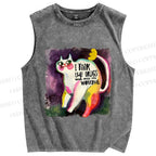Unisex Watercolor Cat Printed Washed Tank Top