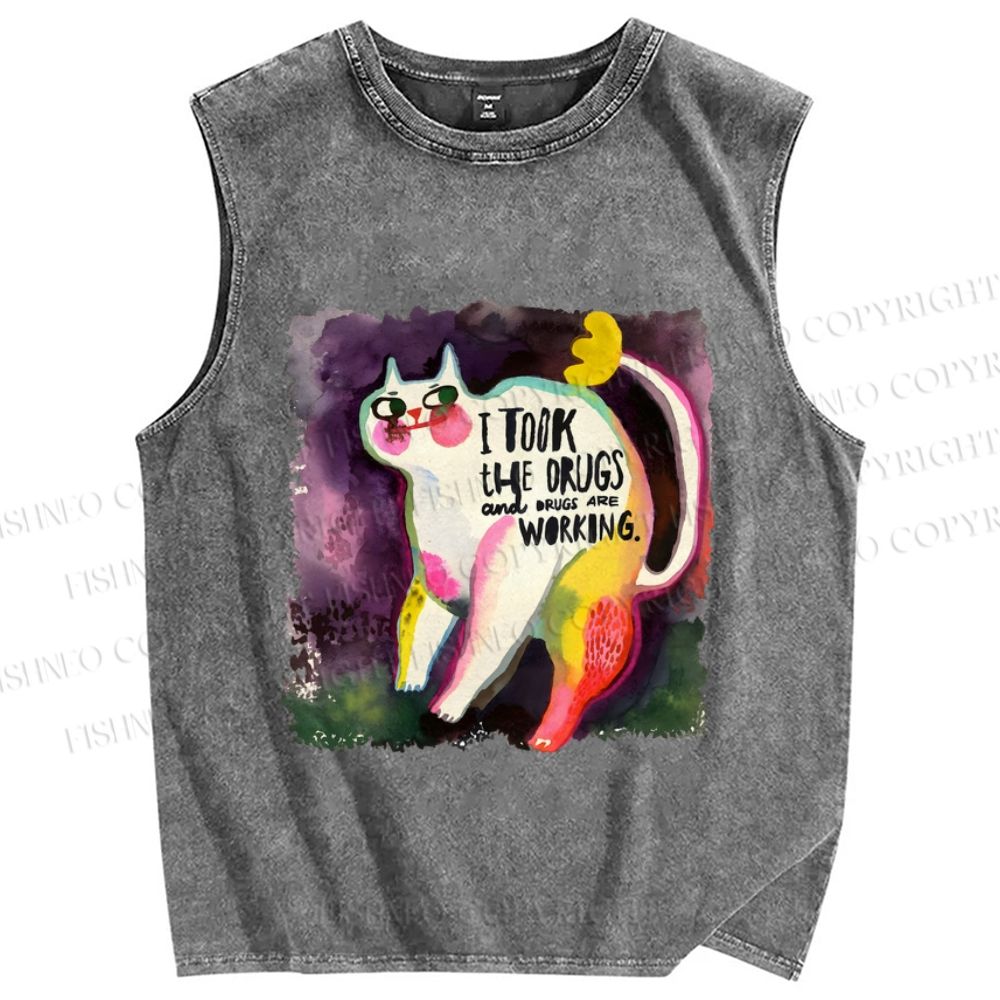Unisex Watercolor Cat Printed Washed Tank Top