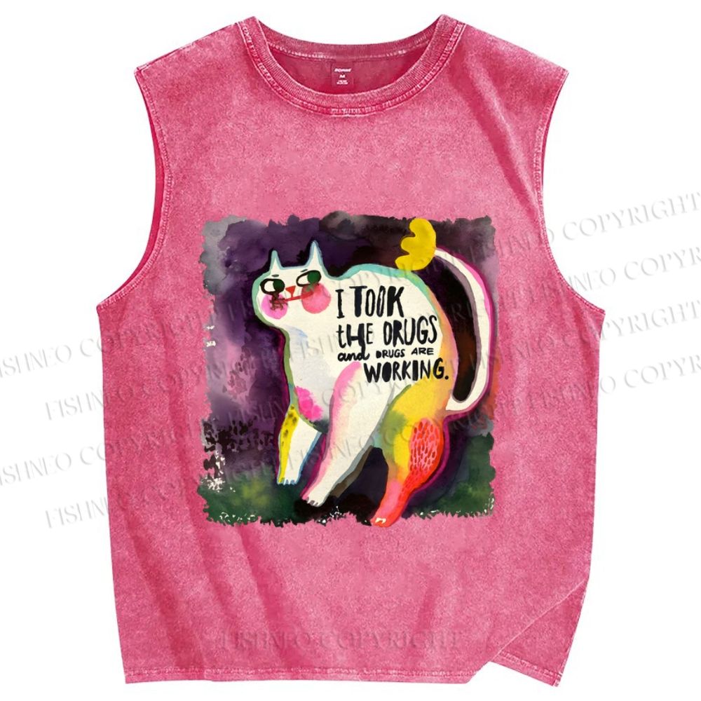 Unisex Watercolor Cat Printed Washed Tank Top
