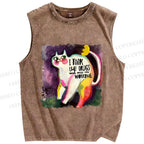Unisex Watercolor Cat Printed Washed Tank Top