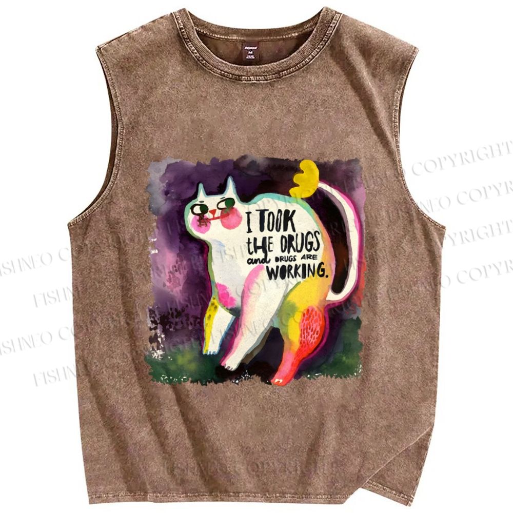 Unisex Watercolor Cat Printed Washed Tank Top