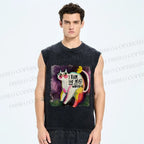Unisex Watercolor Cat Printed Washed Tank Top
