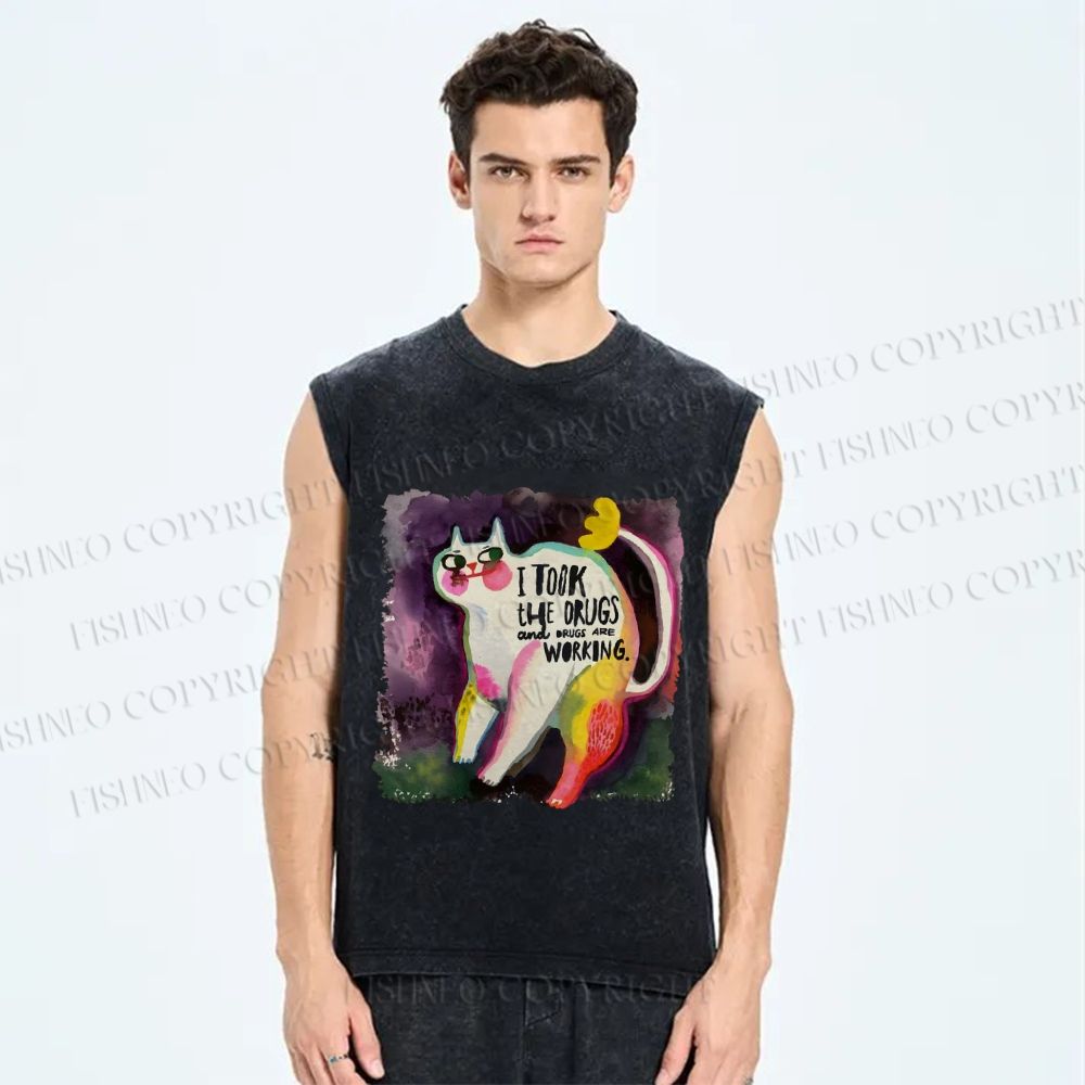 Unisex Watercolor Cat Printed Washed Tank Top