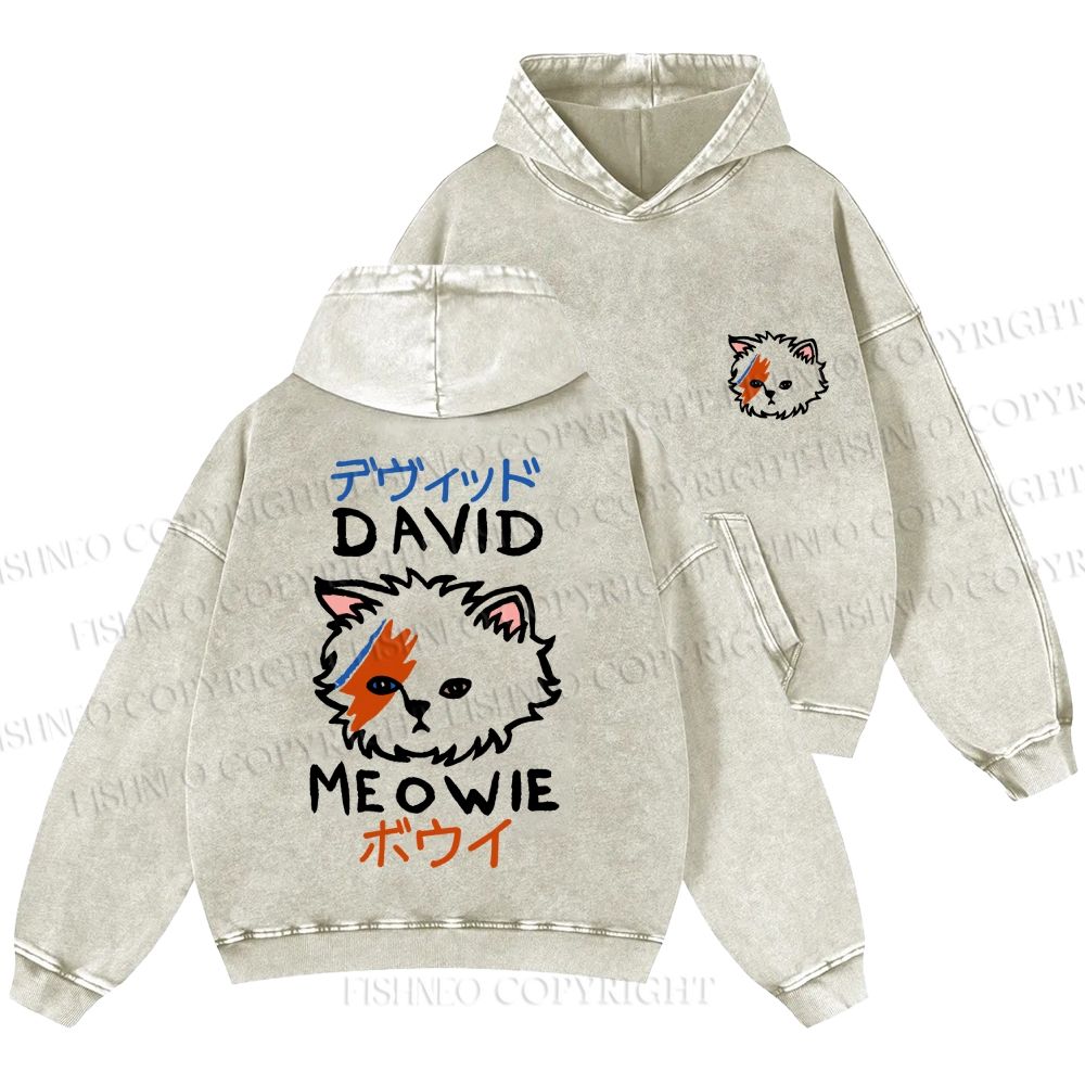 Unisex Casual David Bowie Cat Printed Washed Hoodie