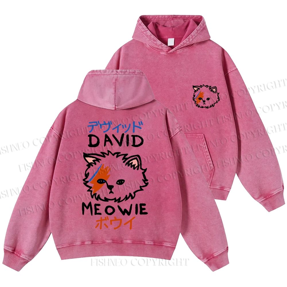 Unisex Casual David Bowie Cat Printed Washed Hoodie