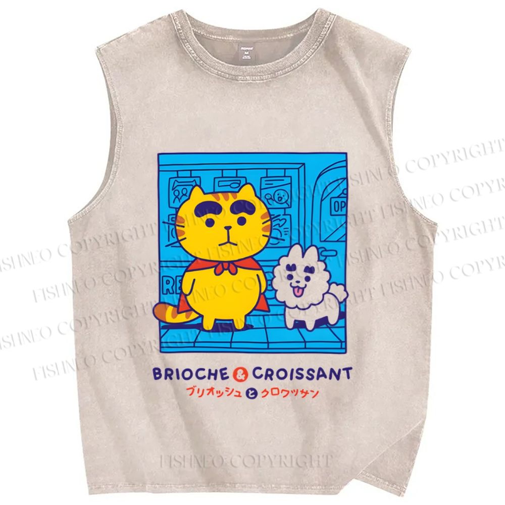 Unisex Brioche And Croissant Printed Washed Tank Top