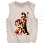 Unisex Japanese Fox Lady Printed Washed Tank Top