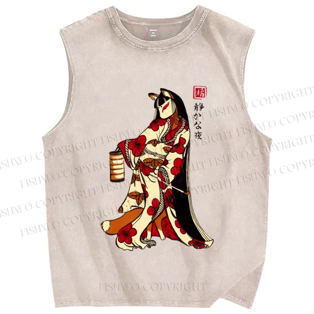 Unisex Japanese Fox Lady Printed Washed Tank Top