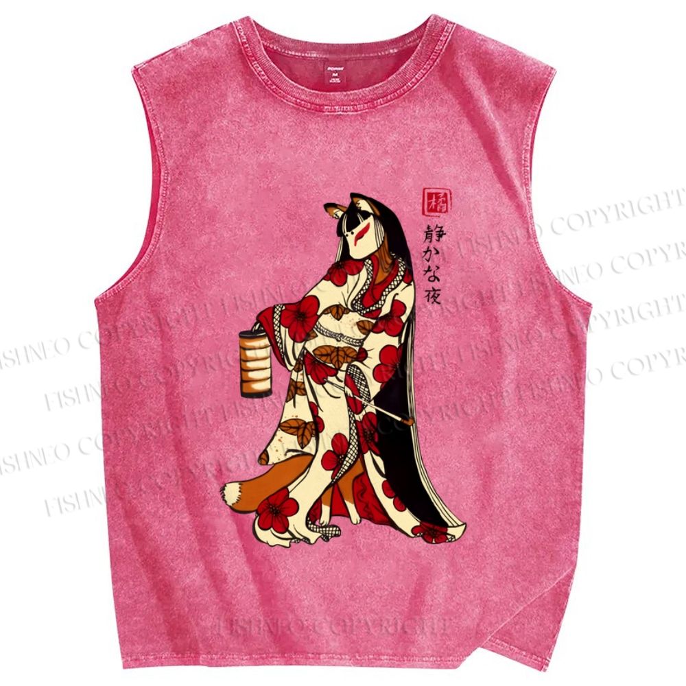 Unisex Japanese Fox Lady Printed Washed Tank Top