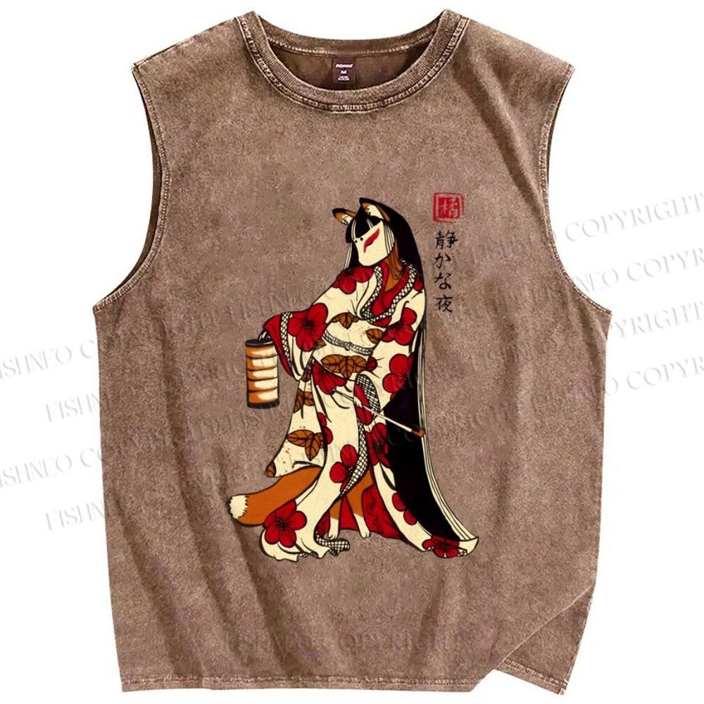 Unisex Japanese Fox Lady Printed Washed Tank Top