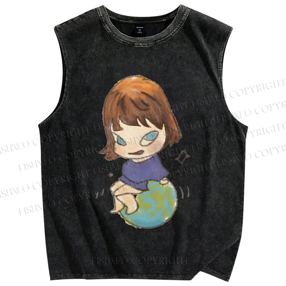 Unisex Yoshitomo Nara Sit On Earth Printed Washed Tank Top