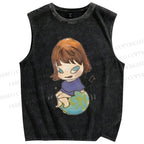 Unisex Yoshitomo Nara Sit On Earth Printed Washed Tank Top