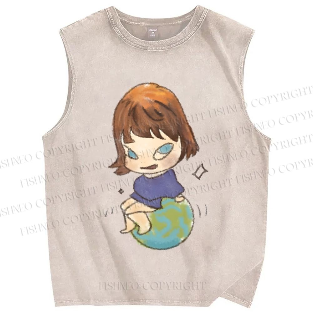 Unisex Yoshitomo Nara Sit On Earth Printed Washed Tank Top