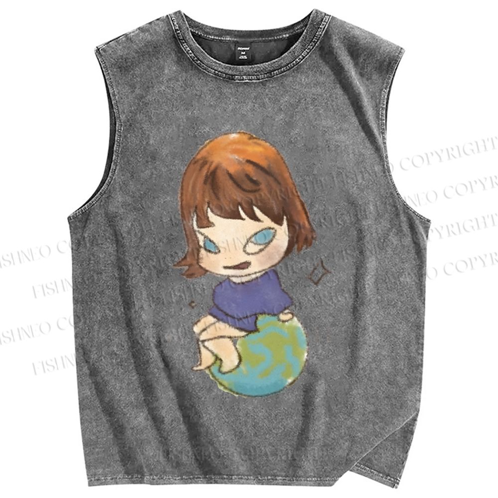 Unisex Yoshitomo Nara Sit On Earth Printed Washed Tank Top