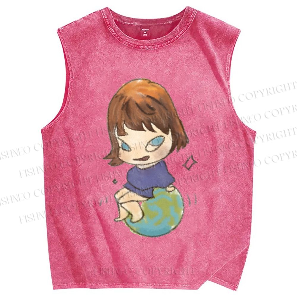 Unisex Yoshitomo Nara Sit On Earth Printed Washed Tank Top