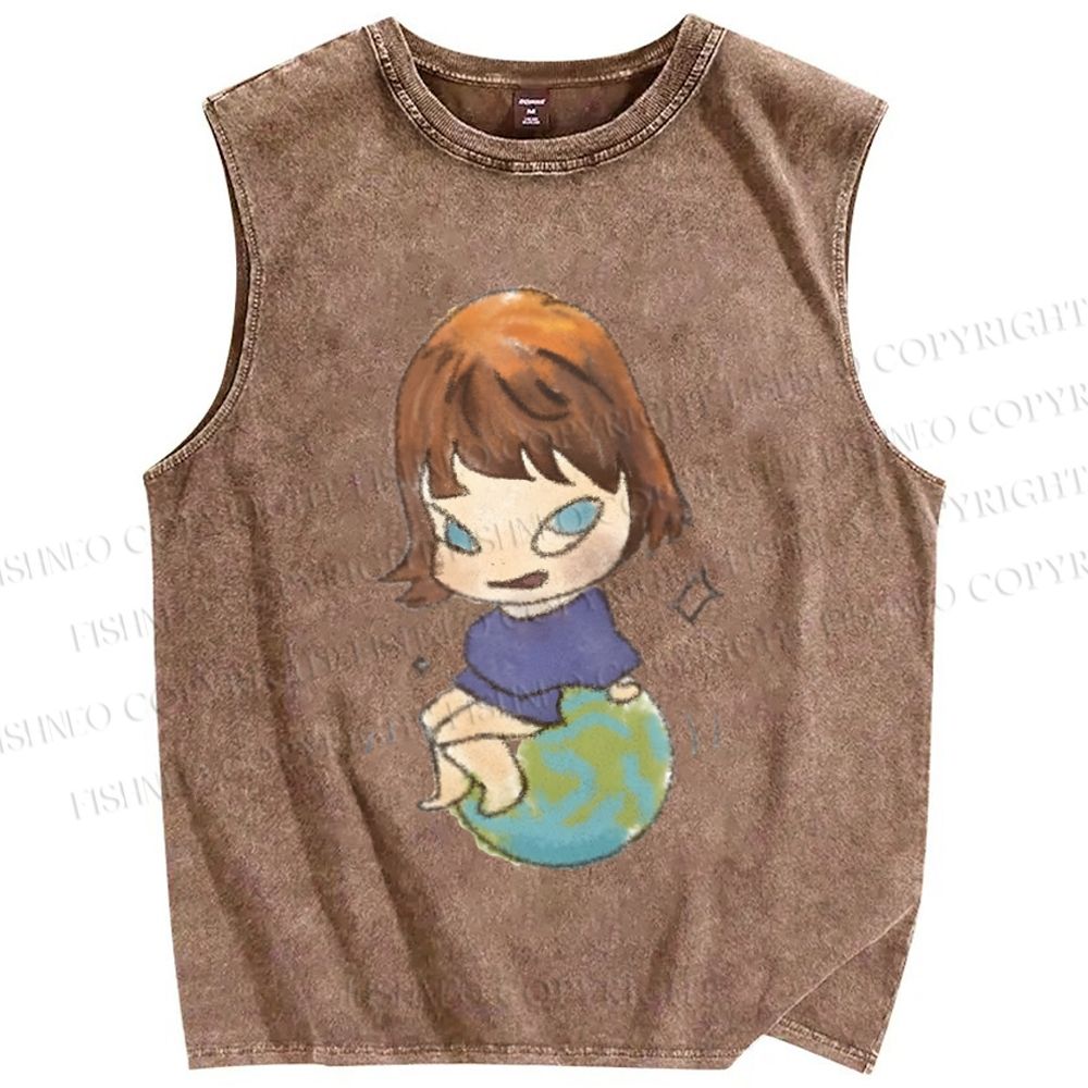 Unisex Yoshitomo Nara Sit On Earth Printed Washed Tank Top