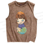 Unisex Yoshitomo Nara Sit On Earth Printed Washed Tank Top