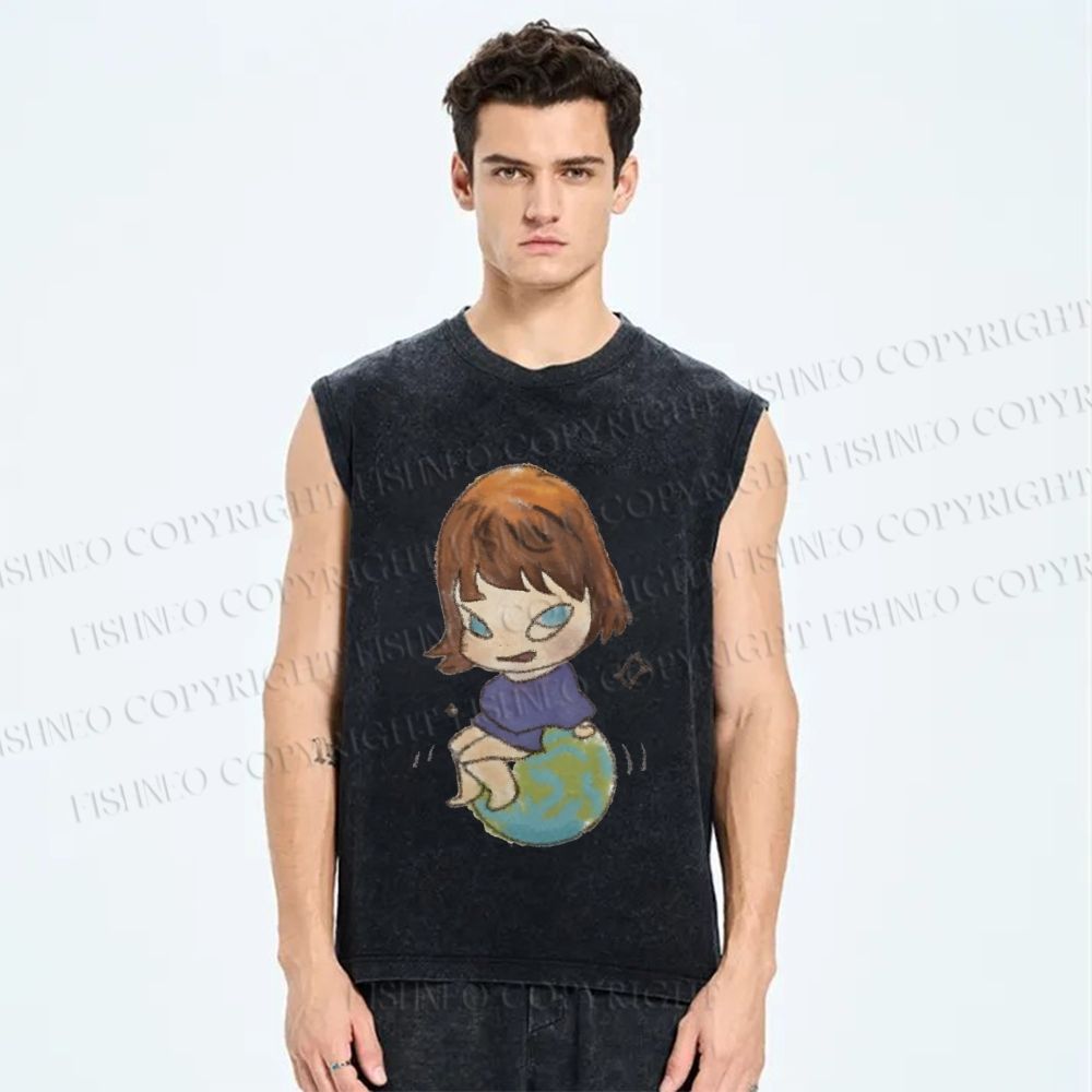 Unisex Yoshitomo Nara Sit On Earth Printed Washed Tank Top