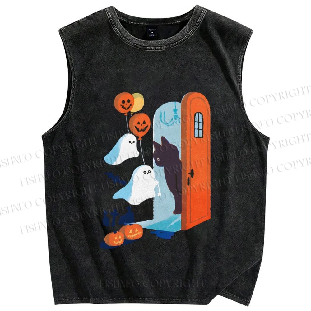 Unisex Halloween Black Cat Ghost Graffiti Printed Washed Tank Top