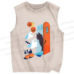 Unisex Halloween Black Cat Ghost Graffiti Printed Washed Tank Top