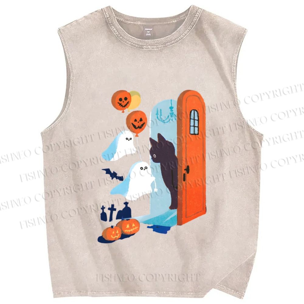 Unisex Halloween Black Cat Ghost Graffiti Printed Washed Tank Top