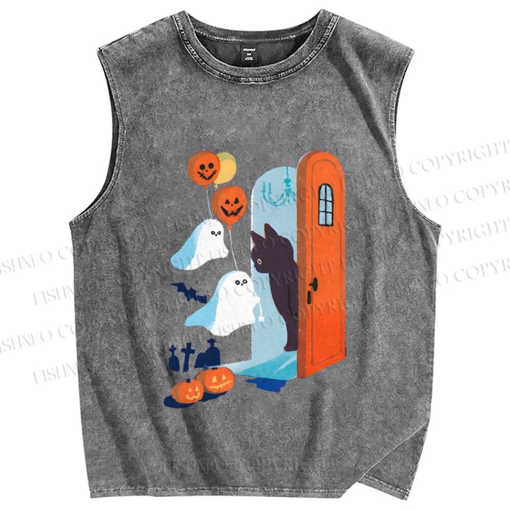Unisex Halloween Black Cat Ghost Graffiti Printed Washed Tank Top