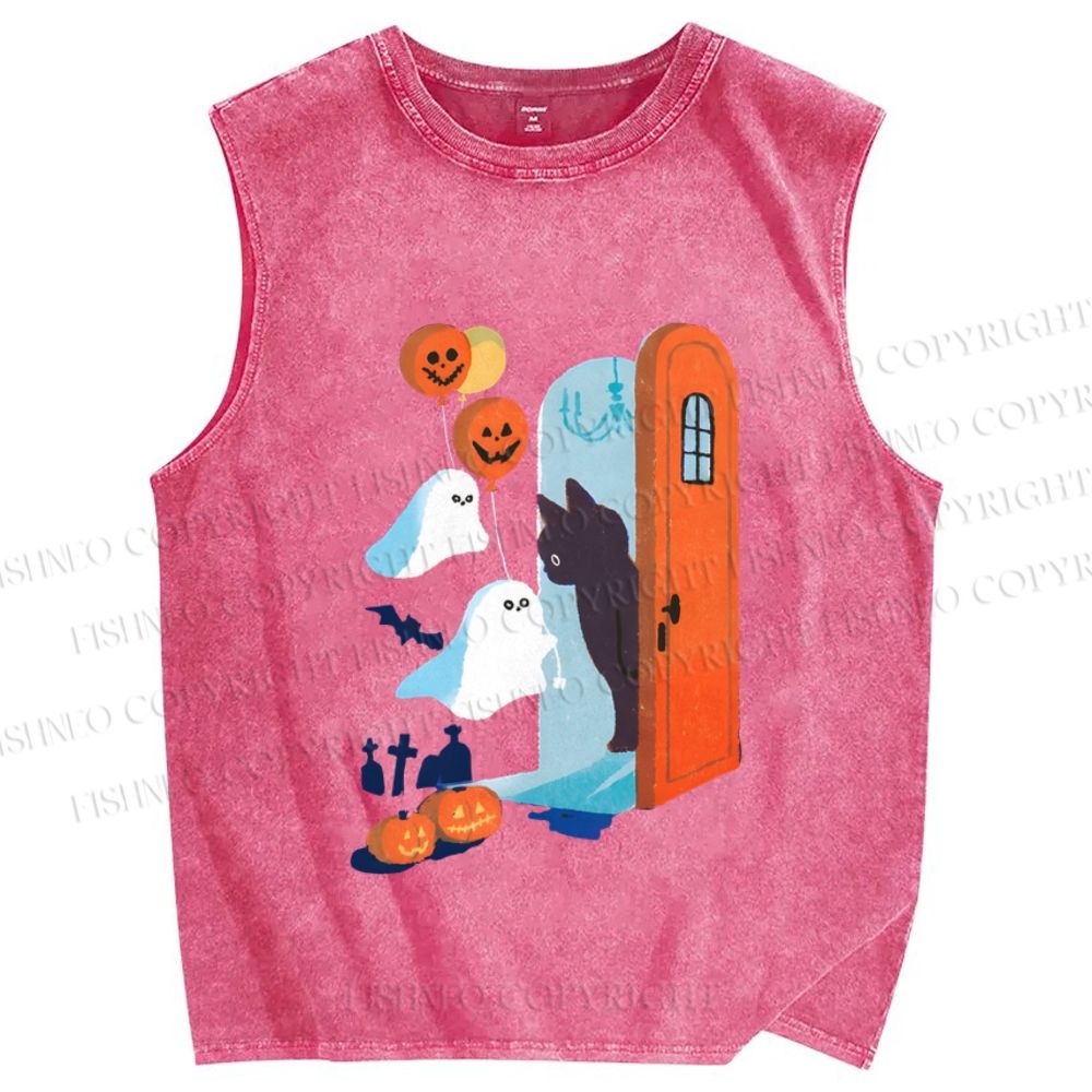 Unisex Halloween Black Cat Ghost Graffiti Printed Washed Tank Top