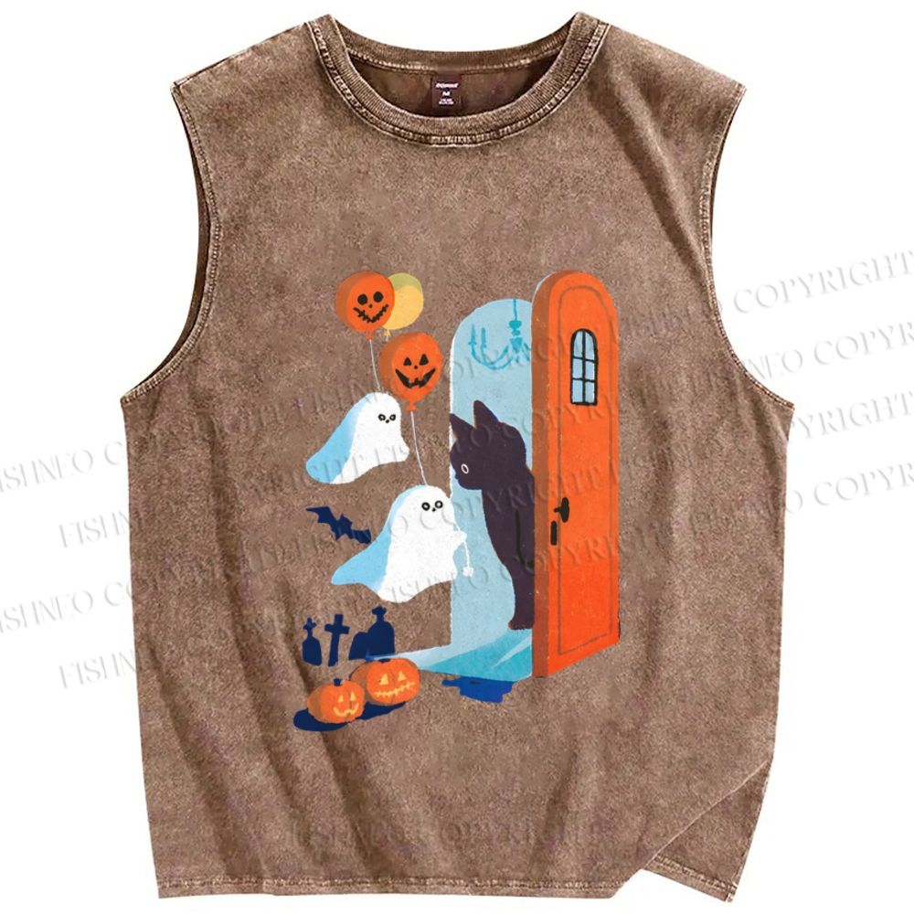 Unisex Halloween Black Cat Ghost Graffiti Printed Washed Tank Top