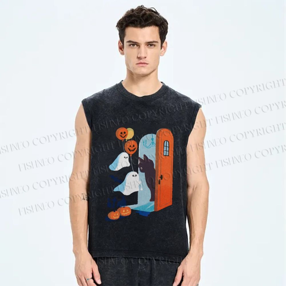 Unisex Halloween Black Cat Ghost Graffiti Printed Washed Tank Top