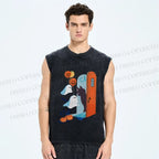Unisex Halloween Black Cat Ghost Graffiti Printed Washed Tank Top