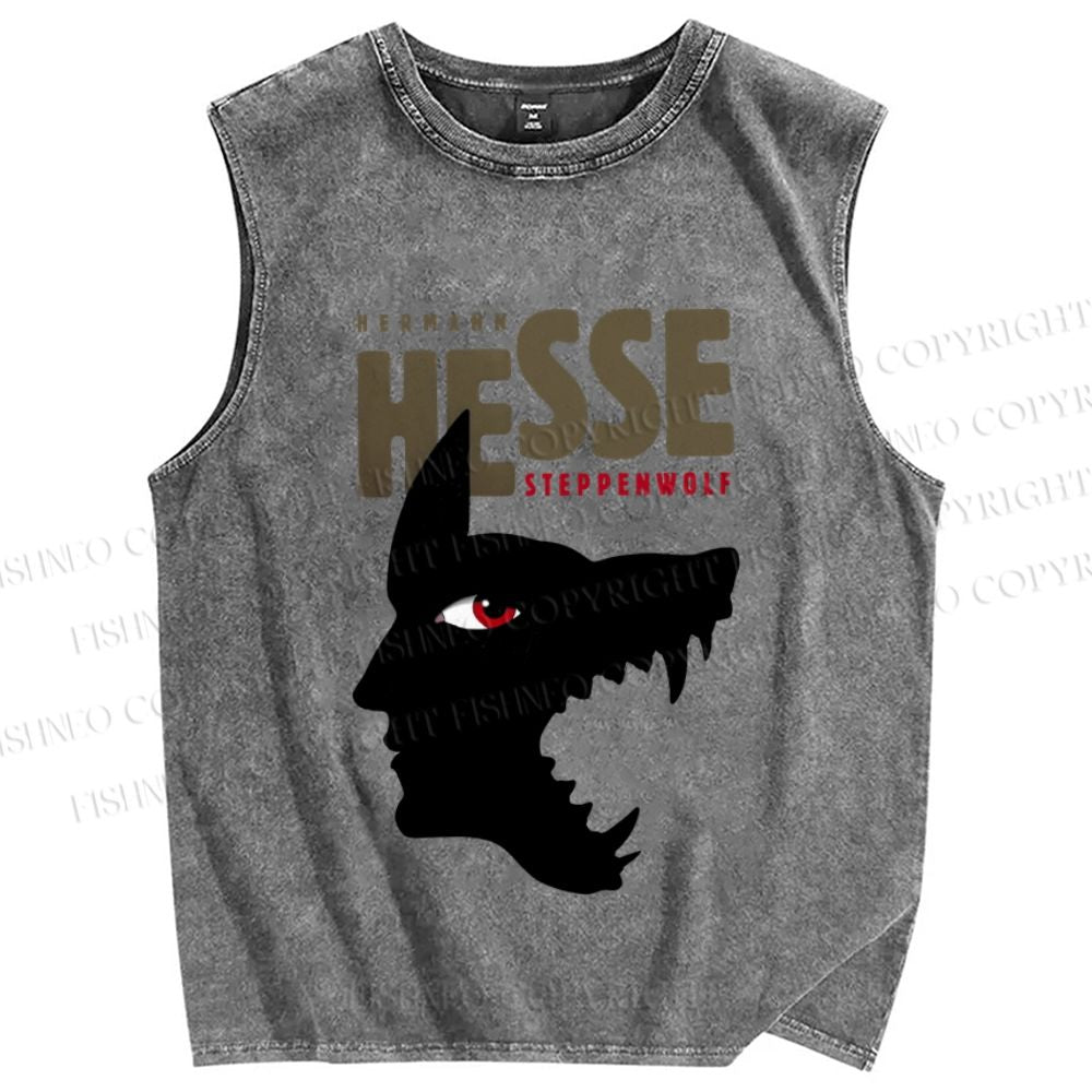 Unisex Wolf Man Hesse Printed Washed Tank Top