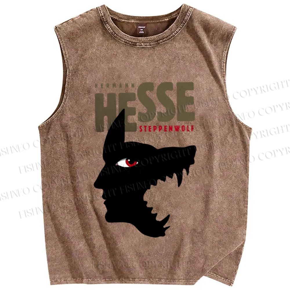 Unisex Wolf Man Hesse Printed Washed Tank Top