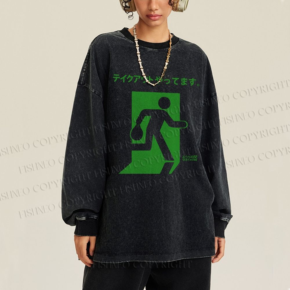 Unisex Casual Washed Emergency Exit Sign Japanese Printed Long Sleeve T-shirt