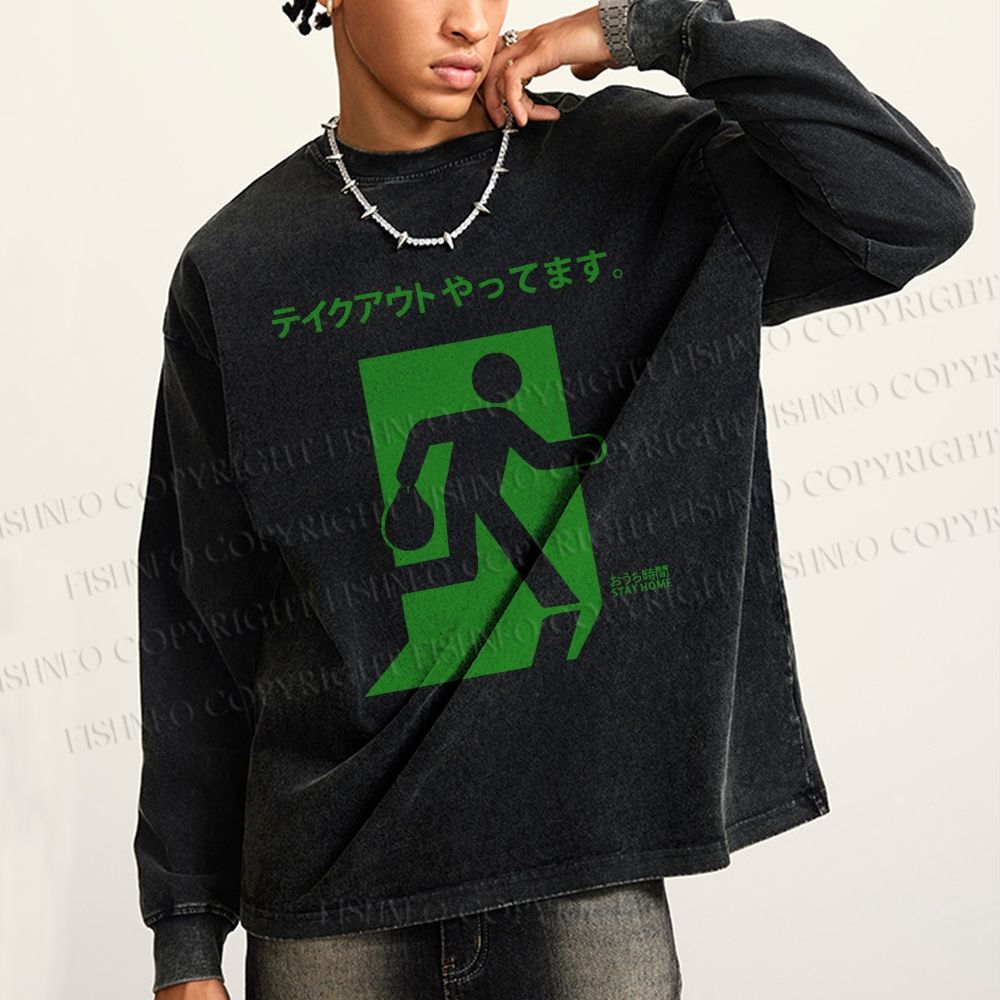 Unisex Casual Washed Emergency Exit Sign Japanese Printed Long Sleeve T-shirt