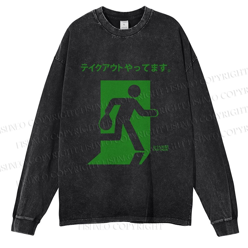 Unisex Casual Washed Emergency Exit Sign Japanese Printed Long Sleeve T-shirt