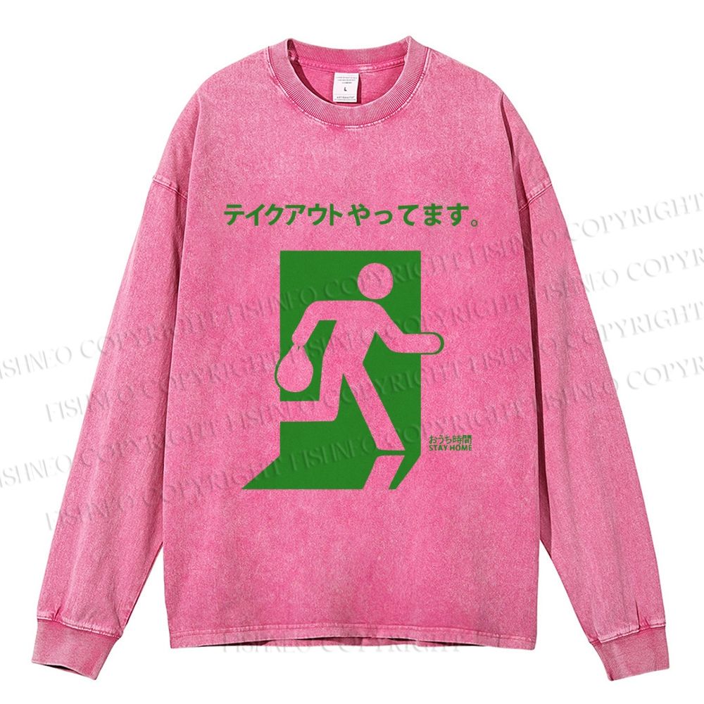 Unisex Casual Washed Emergency Exit Sign Japanese Printed Long Sleeve T-shirt