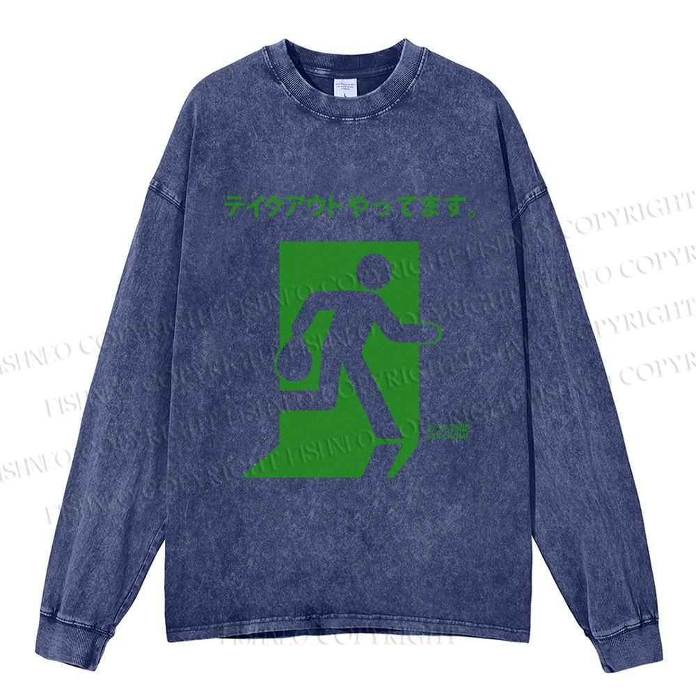 Unisex Casual Washed Emergency Exit Sign Japanese Printed Long Sleeve T-shirt