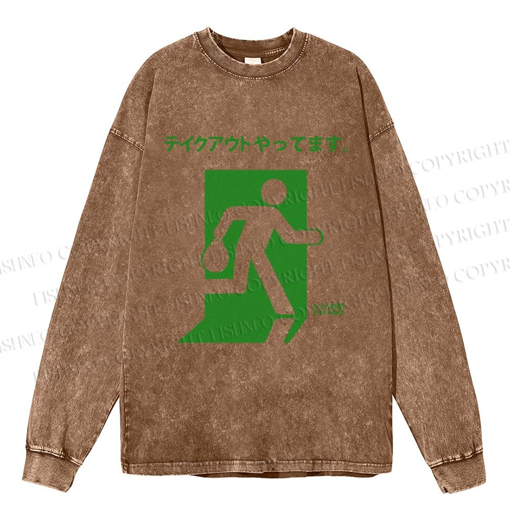 Unisex Casual Washed Emergency Exit Sign Japanese Printed Long Sleeve T-shirt
