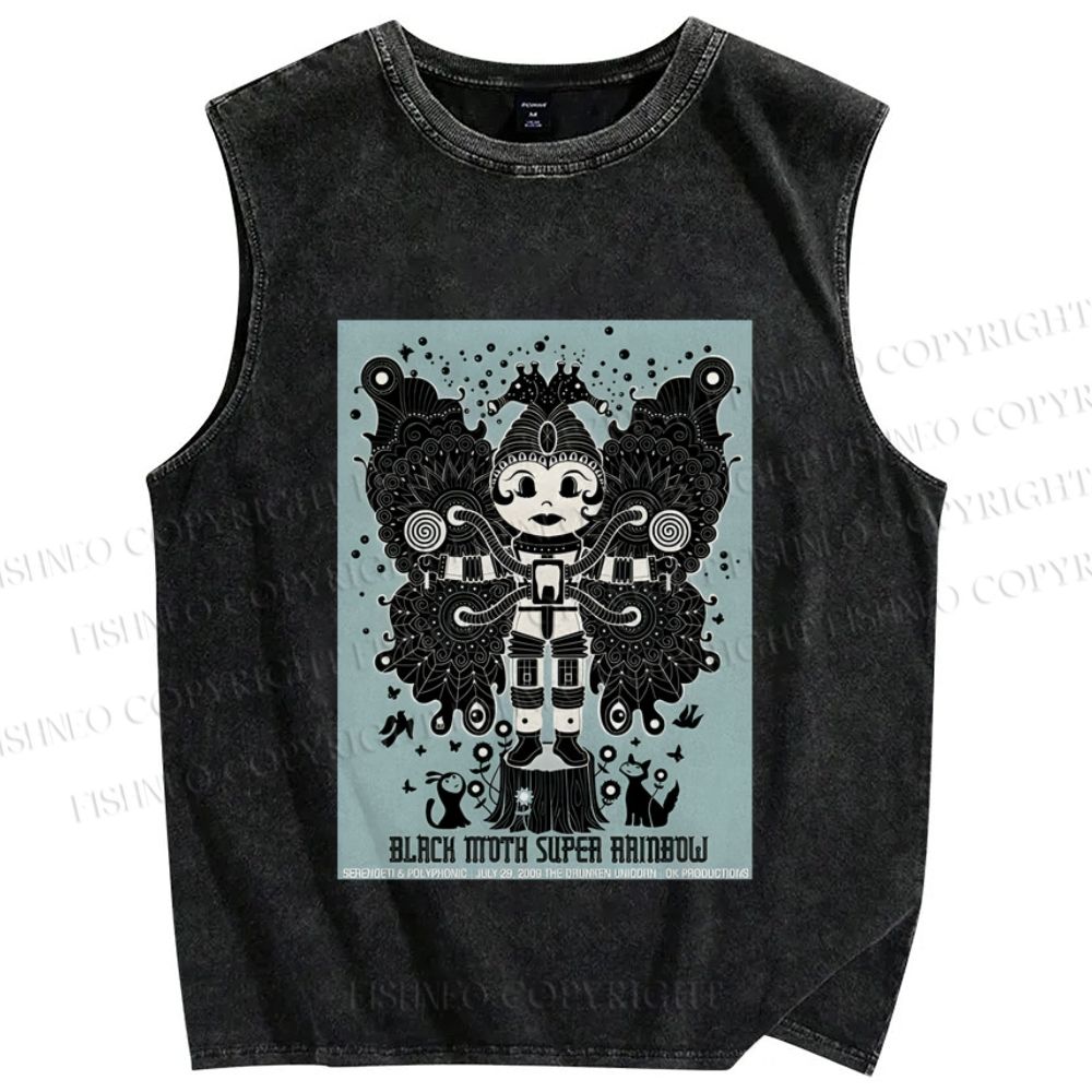 Unisex Black Moth Super Rainbow Printed Washed Tank Top