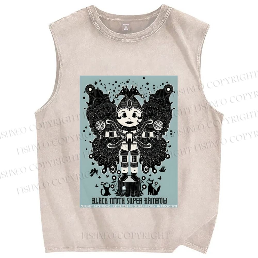 Unisex Black Moth Super Rainbow Printed Washed Tank Top