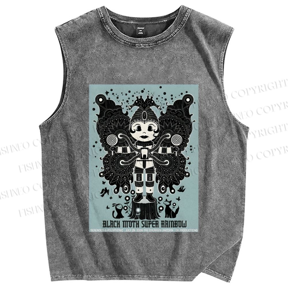 Unisex Black Moth Super Rainbow Printed Washed Tank Top