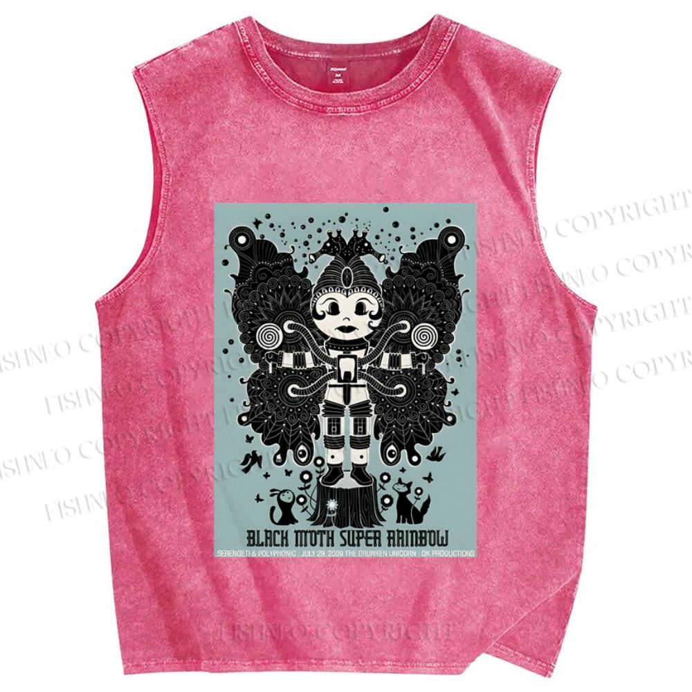 Unisex Black Moth Super Rainbow Printed Washed Tank Top