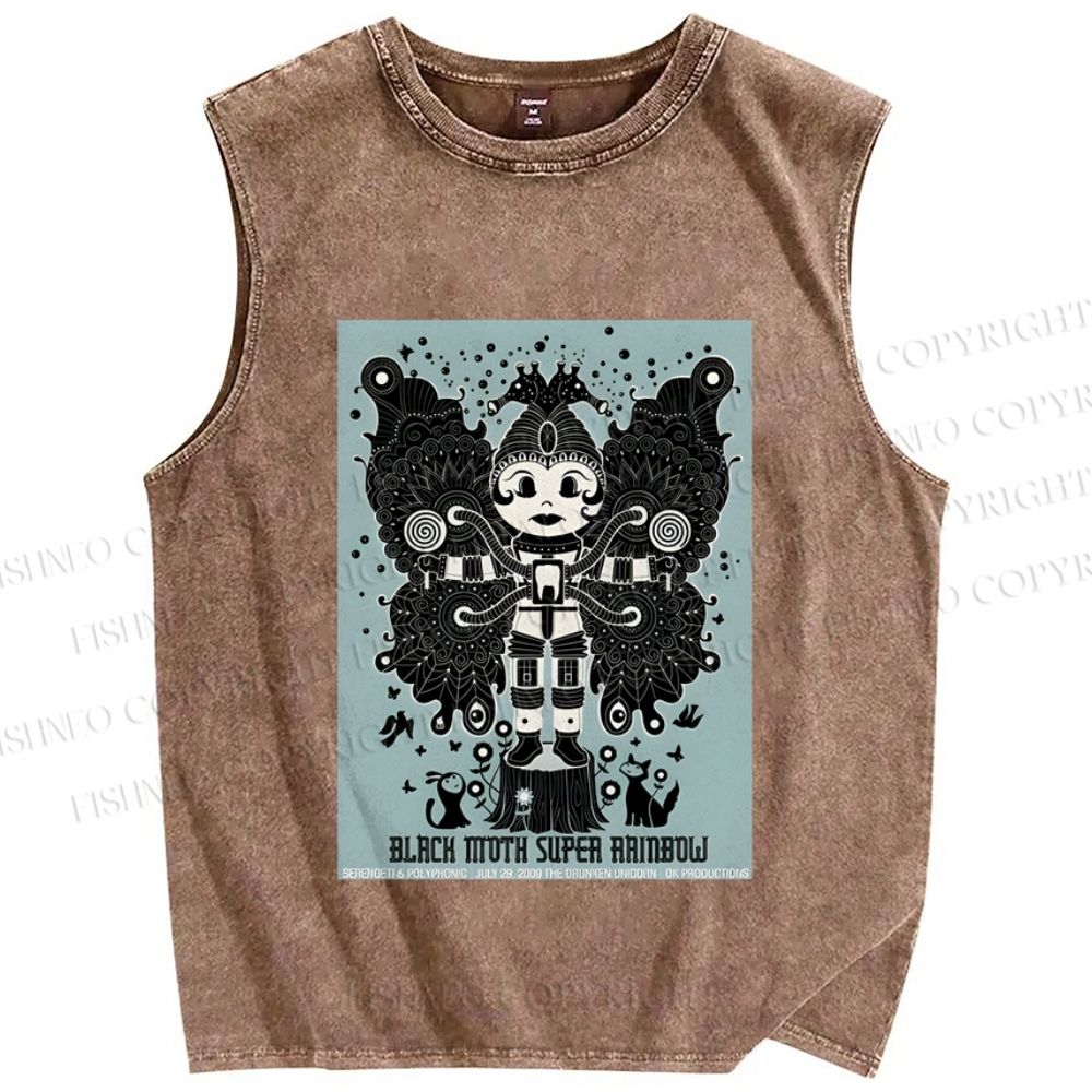 Unisex Black Moth Super Rainbow Printed Washed Tank Top