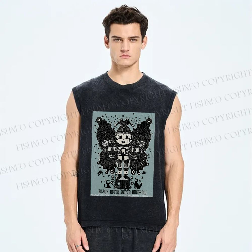 Unisex Black Moth Super Rainbow Printed Washed Tank Top
