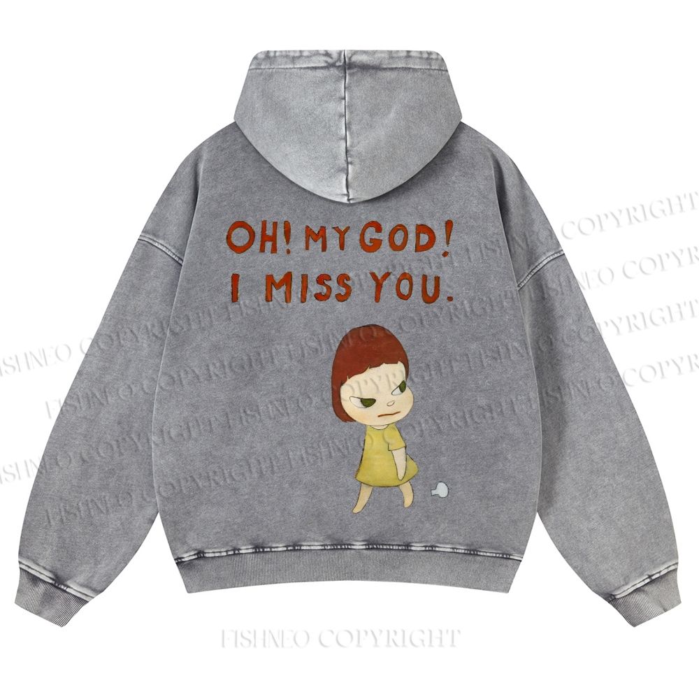 Casual Yoshitomo Nara I Miss You Printed Washed Hoodie