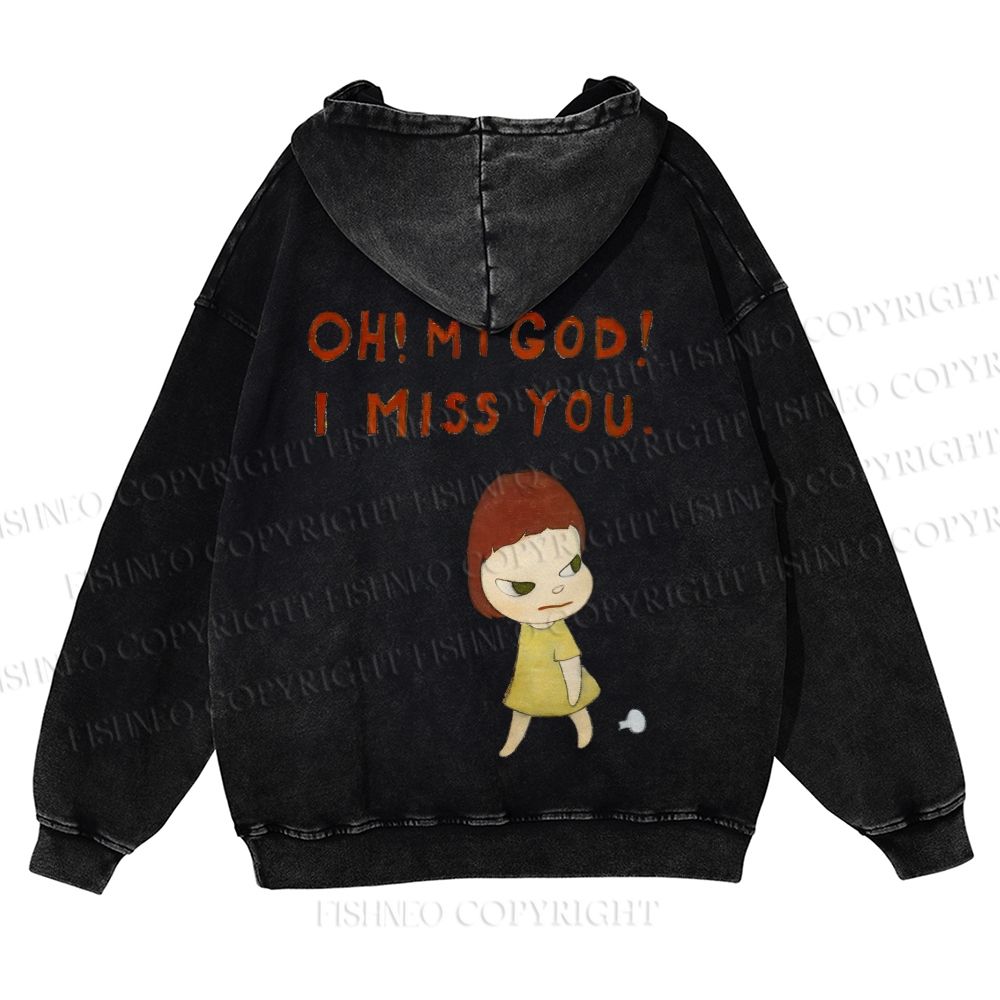 Casual Yoshitomo Nara I Miss You Printed Washed Hoodie